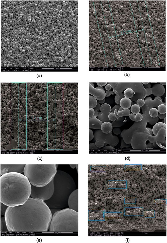Tailoring the thermal conductivity of the powder bed in Electron Beam Melting (EBM) Additive Manufacturing. (c) Scientific Reports. - SEM images of sintered samples. (a) Sample with one local beam pass, (b) Sample with four local beam passes, (c) Sample with eight local beam passes, (d) High magnification image of melted region – eight local beam passes, (e) High magnification image of sintered powder particles – eight local beam passes and (f) Section in the build direction – eight local beam passes with partially melted regions highlighted. Images (a) to (e) show the x-y plane while (f) shows the x-z plane (across the build layers).