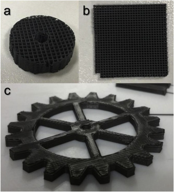 Reprinted from Ceramics International, 45 (15), Feilden, E.,et al. High temperature strength of an ultra high temperature ceramic produced by additive manufacturing, 18210-18214, Copyright (2019), with permission from Elsevier. - (a, b) Examples of a parts with internal structure and (c) example of a complex shaped, dense part.