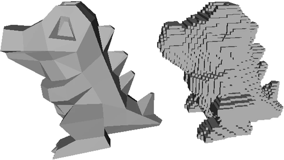 An example mesh and realisation of a voxel map produced by the subdivision algorithm - From A data-driven approach for predicting printability in metal additive manufacturing processes Mycroft et al 2020