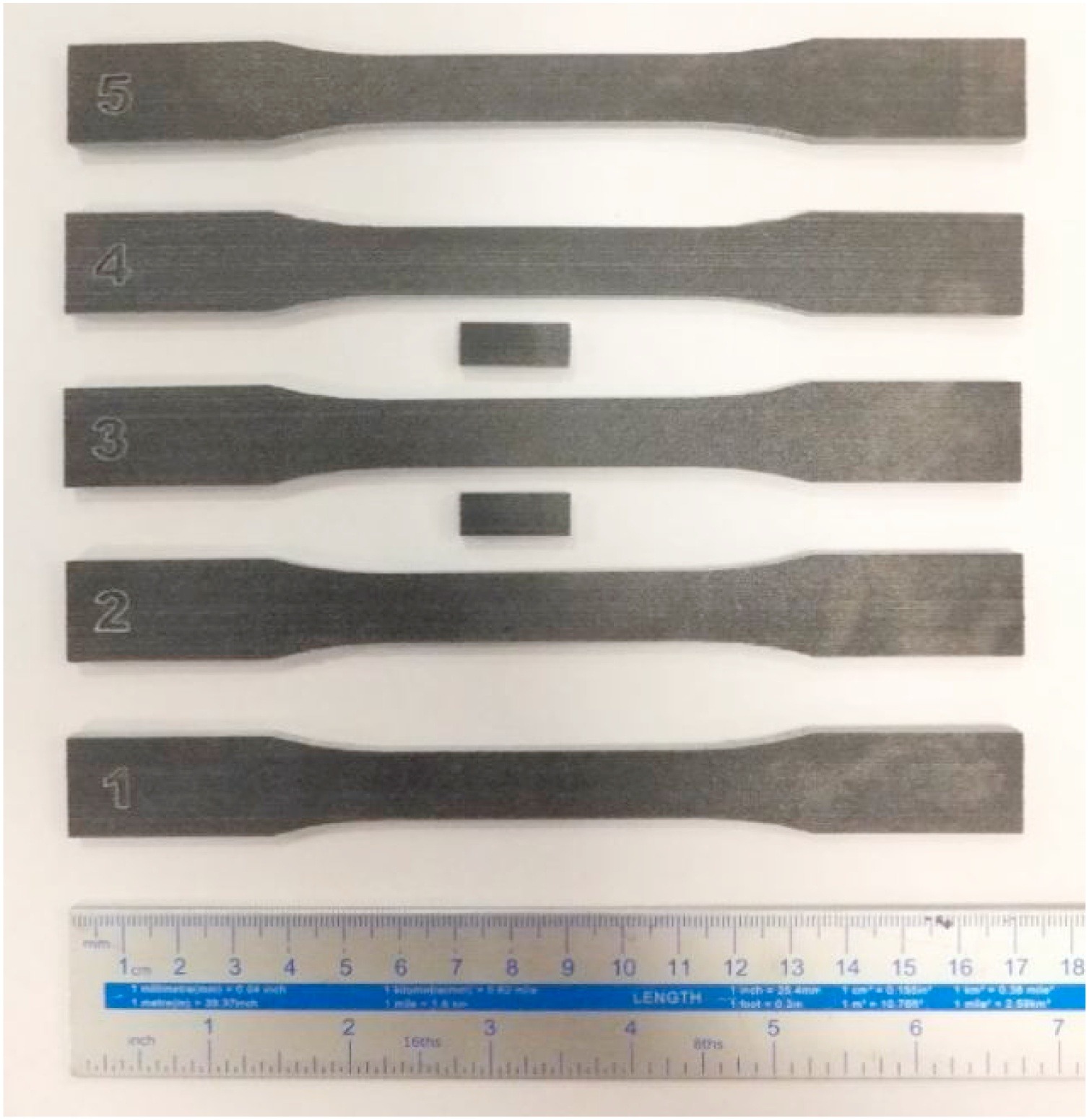 A set of test samples produced by the HSS process - Five test samples are shown lined up above a ruler. The test samples were produced by the HSS process.