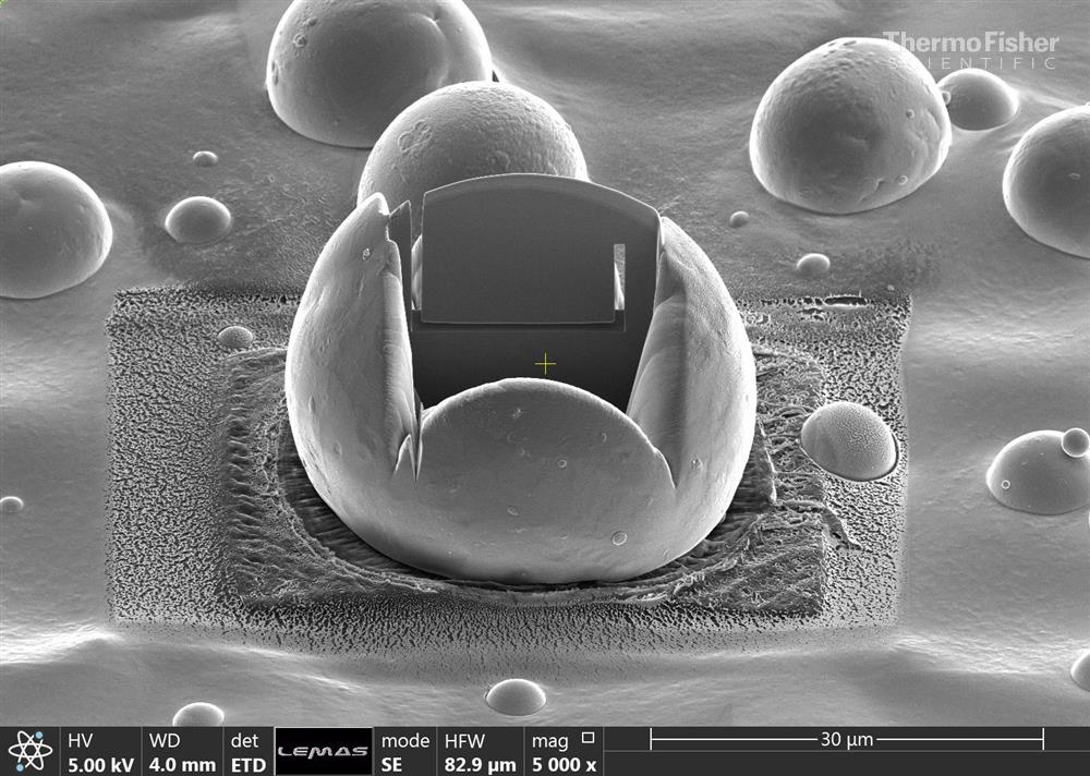 TEM cross section of Metal particle from a 3D printer taken by Dr Jabbar Gardy, School of Chemical Engineering. Prepared on Helios G4 CX.