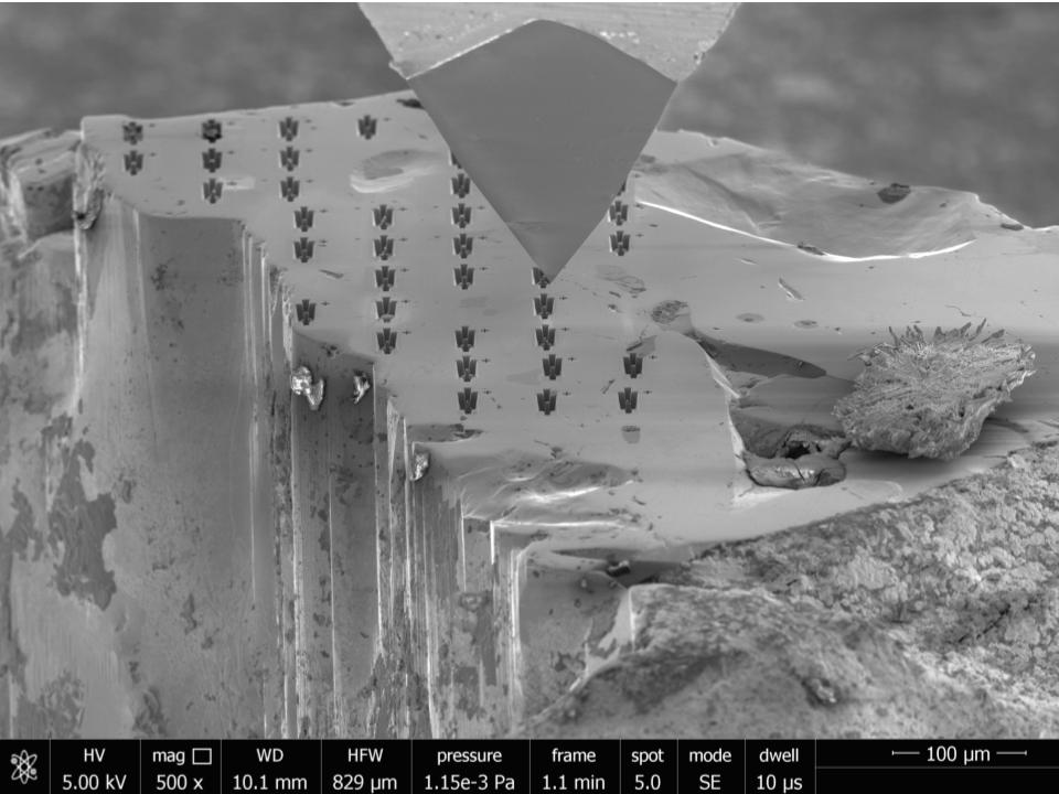 Double cantilever beams (DCB) on the surface of a WC single crystal. - Materials up close winner, MAPP first Image Competition, Max Emmanuel’s image showing double cantilever beams (DCB) on the surface of a WC single crystal.